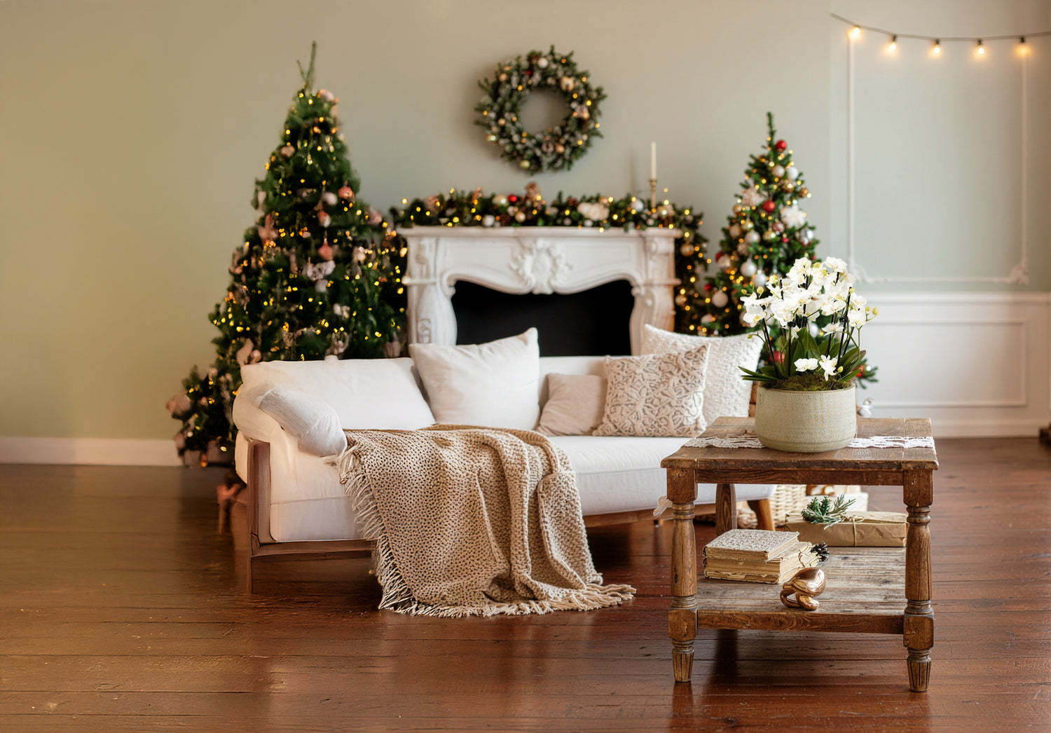 Cozy living room with Christmas decorations, including trees and wreaths, in a warm and inviting setting.